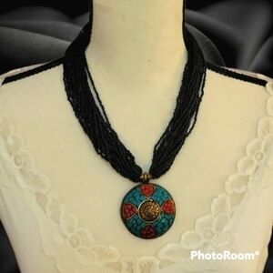 Tibetan Brass Coral Turquoise Pendant Glass Seed Bead Unisex Torsade Necklace